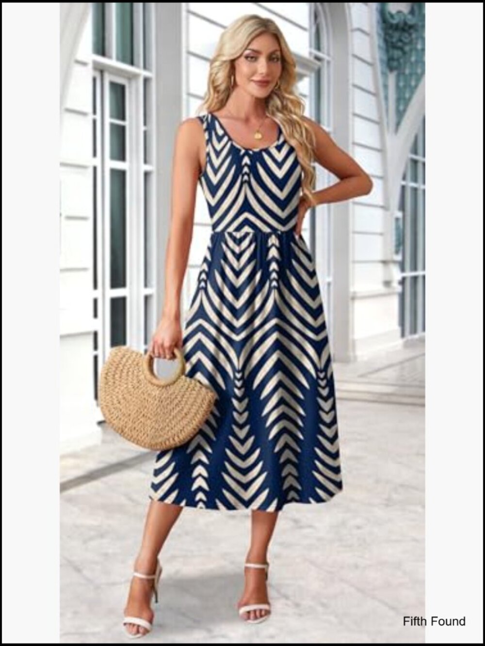 Women's Sleeveless Scoop Neck A-Line Midi Summer Dress with Pockets - Picture 4 of 7